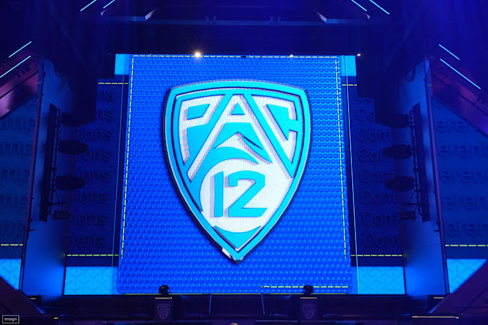 The Pac-12 Conference logo during Pac-12 Media Day at Resorts World Las Vegas